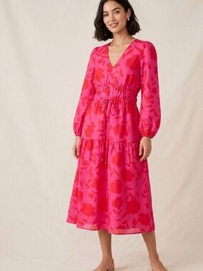kate spade Hot Pink and Red Floral V-Neck Long Sleeve Midi Dress    - C